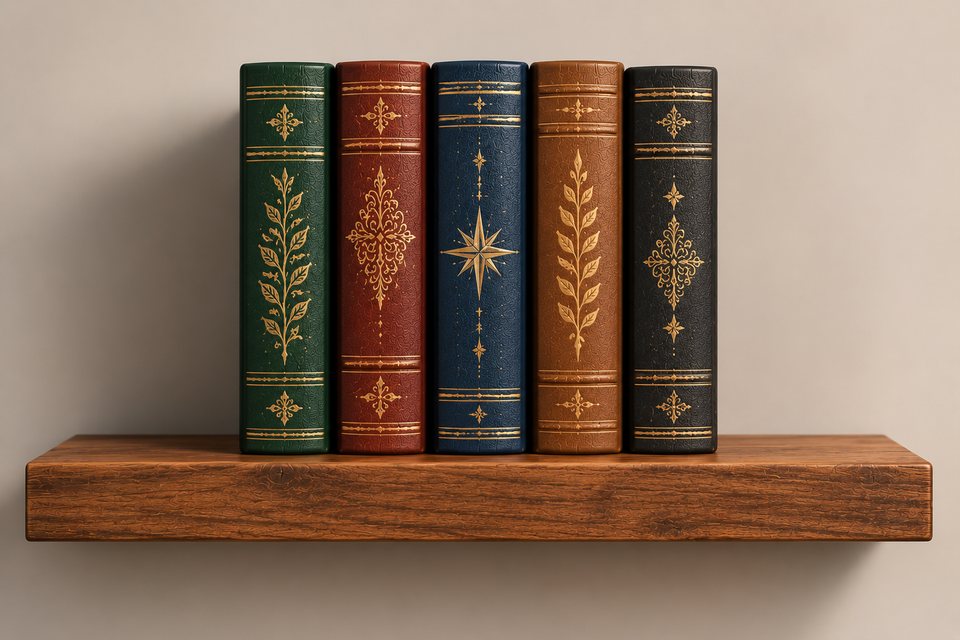 Books lined up on a wooden shelf